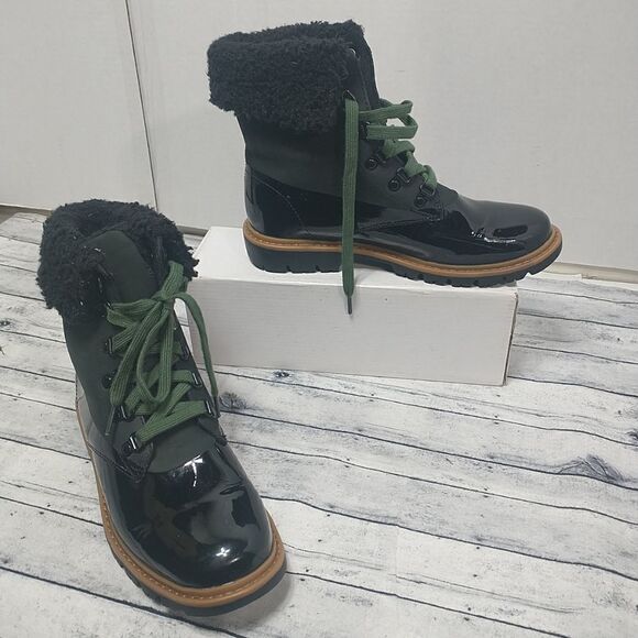 CAT Footwear 'Hub Fur' Black Patent/Nubuck Leather Fur Cuff Boot womans SZ 8M - Picture 1 of 10
